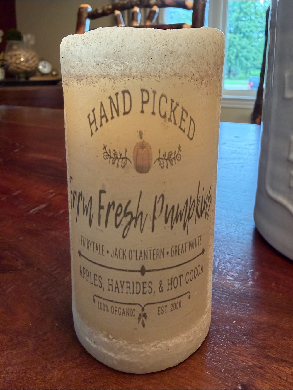 Hand Picked Farm Fresh Pumpkins Cream  Pillar Candle.  Lights up switch on botto